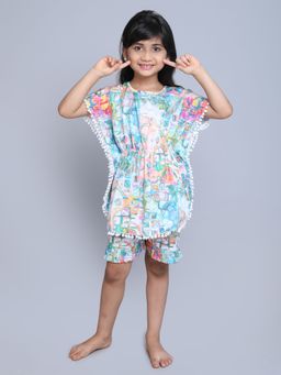 Little Clothings - Girls Multi-Color Cotton Printed Kaftan Top with Shorts (Set of 2)