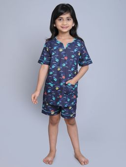 Little Clothings - Girls Navy Blue Cotton Printed Top with Shorts (Set of 2)