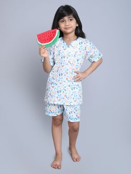 Little Clothings - Girls White Cotton Printed Top with Shorts (Set of 2)