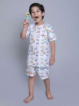 Little Clothings - Boys Blue Cotton Printed Shirt with Shorts (Set of 2)