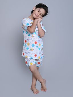 Little Clothings - Boys White Cotton Printed Shirt with Shorts (Set of 2)