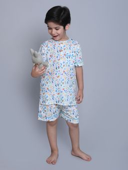 Little Clothings - Boys White Cotton Printed Shirt with Shorts (Set of 2)