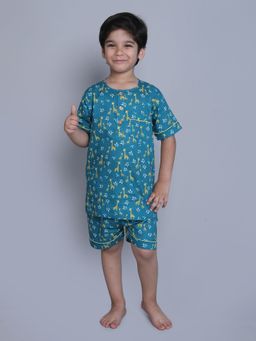 Little Clothings - Boys Green Cotton Printed Shirt with Shorts (Set of 2)