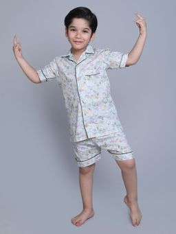 Little Clothings - Boys Green Cotton Printed Shirt with Shorts (Set of 2)