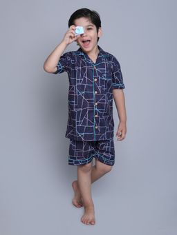 Little Clothings - Boys Navy Blue Cotton Geometric Printed Shirt with Shorts (Set of 2)