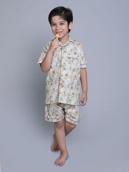Little Clothings - Boys Beige Cotton Printed Shirt with Shorts (Set of 2)