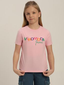 VERO MODA - Girls Pink Printed Cotton T-Shirt