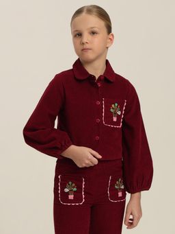 VERO MODA - Girls Maroon Embroidered Corduroy Shirt