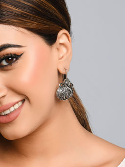 Fida - Wedding Ethnic Silver Plated Floral And Paisley Detail Drop Earrings for Women