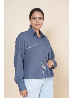 KAFTANIZE - Blue Crop Linen Slit Back with Thread Work Embroidered Shirt