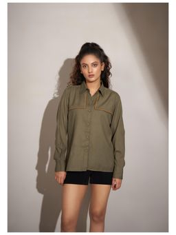 KAFTANIZE - Green Linen Front Panel Embroidered Shirt
