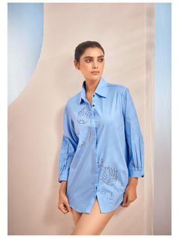 KAFTANIZE - Powder Blue Cotton Twill Embroidered Sequined Shirt