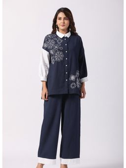 KAFTANIZE - Navy Blue & White Embroidered Cotton Co-Ord (Set of 2)