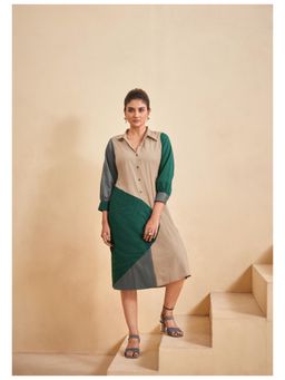 KAFTANIZE - Color Blocked Multi-Color Cotton Poplin A Line Midi Dress