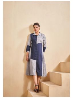 KAFTANIZE - Navy Blue Color Blocked Poplin A Line Midi Dress