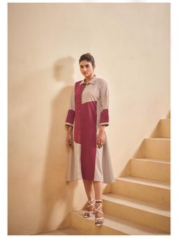 KAFTANIZE - Dusty Rose Red Color Blocked Poplin A Line Midi Dress