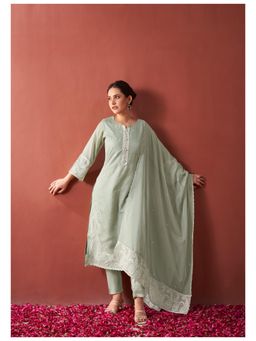 KAFTANIZE - Sage Green Paisley Embroidered Organza Ethnic Kurta with Pant & Dupatta (Set of 3)