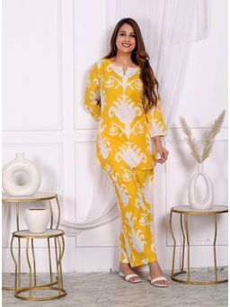 KAFTANIZE - Yellow Abstract Printed Cotton Short Co-Ord (Set of 2)