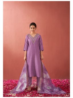 KAFTANIZE - Mauve Zari Moti Ethnic Kurta with Pant & Dupatta (Set of 3)