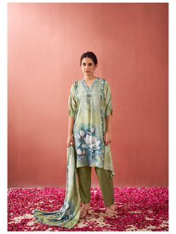 KAFTANIZE - Sage Green Magnolia Flower Print Kurta with Pant & Dupatta (Set of 3)