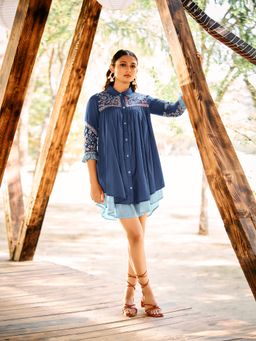 KAFTANIZE - Blue Embroidered Cotton Cambric Short Mini Dress