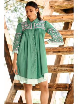 KAFTANIZE - Green Embroidered Cotton Cambric Short Mini Dress
