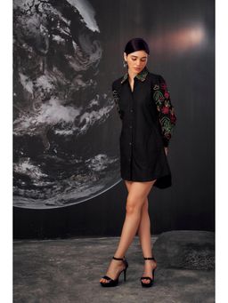 KAFTANIZE - Black Embroidered Cotton Cambric Short Mini Dress