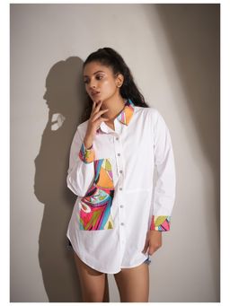 KAFTANIZE - Kameez White Cotton Pop Art and Rhinestone Shirt