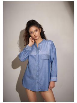 KAFTANIZE - Kameez Blue Cotton Doby Print Rhinestone Shirt