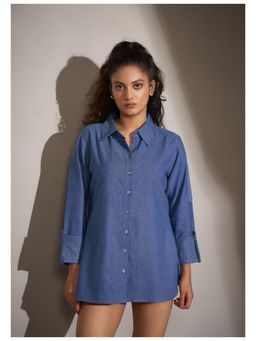 KAFTANIZE - Kameez Blue Self Twill Sequined Rhinestone Work Shirt