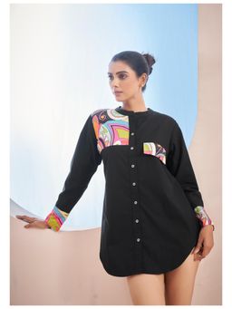 KAFTANIZE - Kameez Black Pop Print Patches and Rhinestone Work Shirt