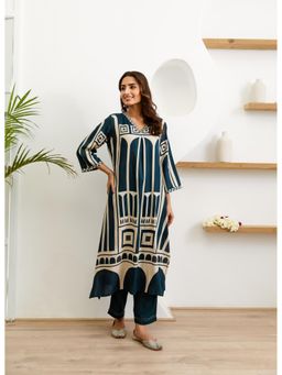 KAFTANIZE - Blue Abstract Printed Ethnic Kurta with Pant (Set of 2)