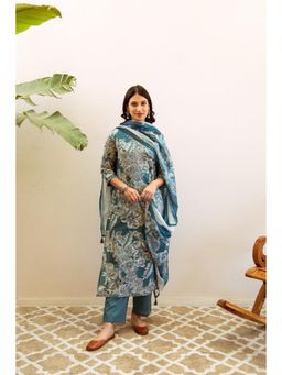 KAFTANIZE - Blue Floral Printed Ethnic Kurta with Pant & Dupatta (Set of 3)