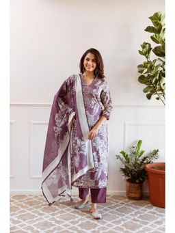 KAFTANIZE - Dark Mauve Floral Printed Ethnic Kurta with Pant & Dupatta (Set of 3)