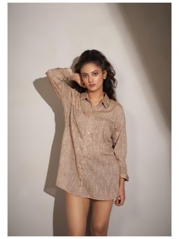 KAFTANIZE - Beige Cotton Linen Rhinestone Decorations Shirt