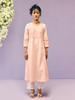 Prakriti Jaipur - Peach Lace Poplin Floral Print Kurta