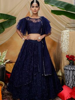 Odette - Navy Sequins Net Semi Stitched Lehenga With Unstitched Blouse (Set of 3)