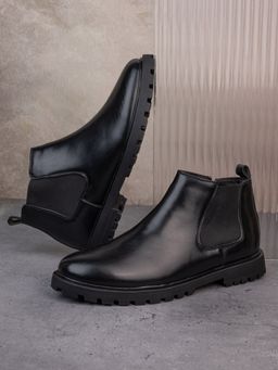 Styli - Men Mid Top Faux Leather Black Chelsea Boots