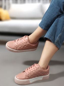 Carlton London - Pink Lace-Ups Textured Women Sneakers