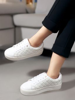 Carlton London - White Lace-Ups Textured Women Sneakers