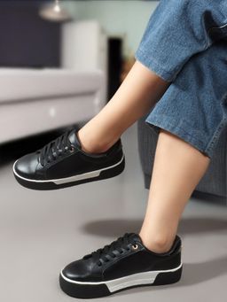 Carlton London - Black Lace-Ups Textured Women Sneakers