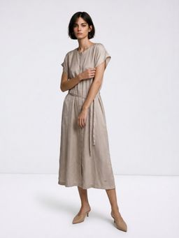 ELLE - Women Beige Flared Fit Dress with Belt
