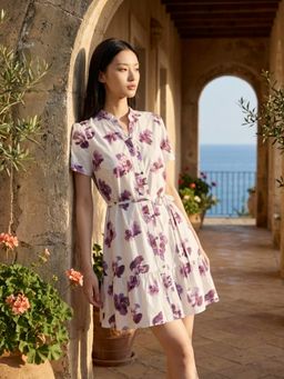 ELLE - Women White Printed Flared Fit Dress with Belt