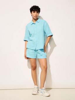 ONLY - Women Solid Regular Fit Mid Rise Blue Shirt with Shorts