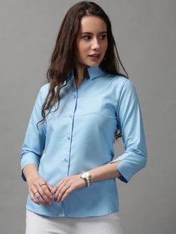 SHOWOFF - Women's Spread Collar Solid Blue Polyester Shirt
