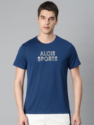 Men's Navy Blue Typography Printed Slim Fit T-shirt