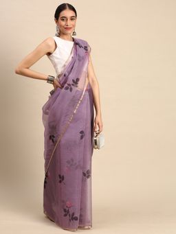 Sangam Prints - Purple Organza Digital Print Festival Saree with Unstitched Blouse