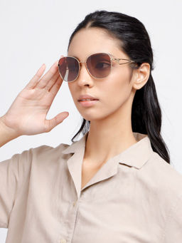 Opium Eyewear - Brown Round Metal Frame Gold Full Rim TAC Sunglasses for Women (57)