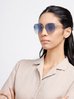 Opium Eyewear - Blue Round Metal Frame Silver Full Rim Polycarbonate Sunglasses for Women (57)