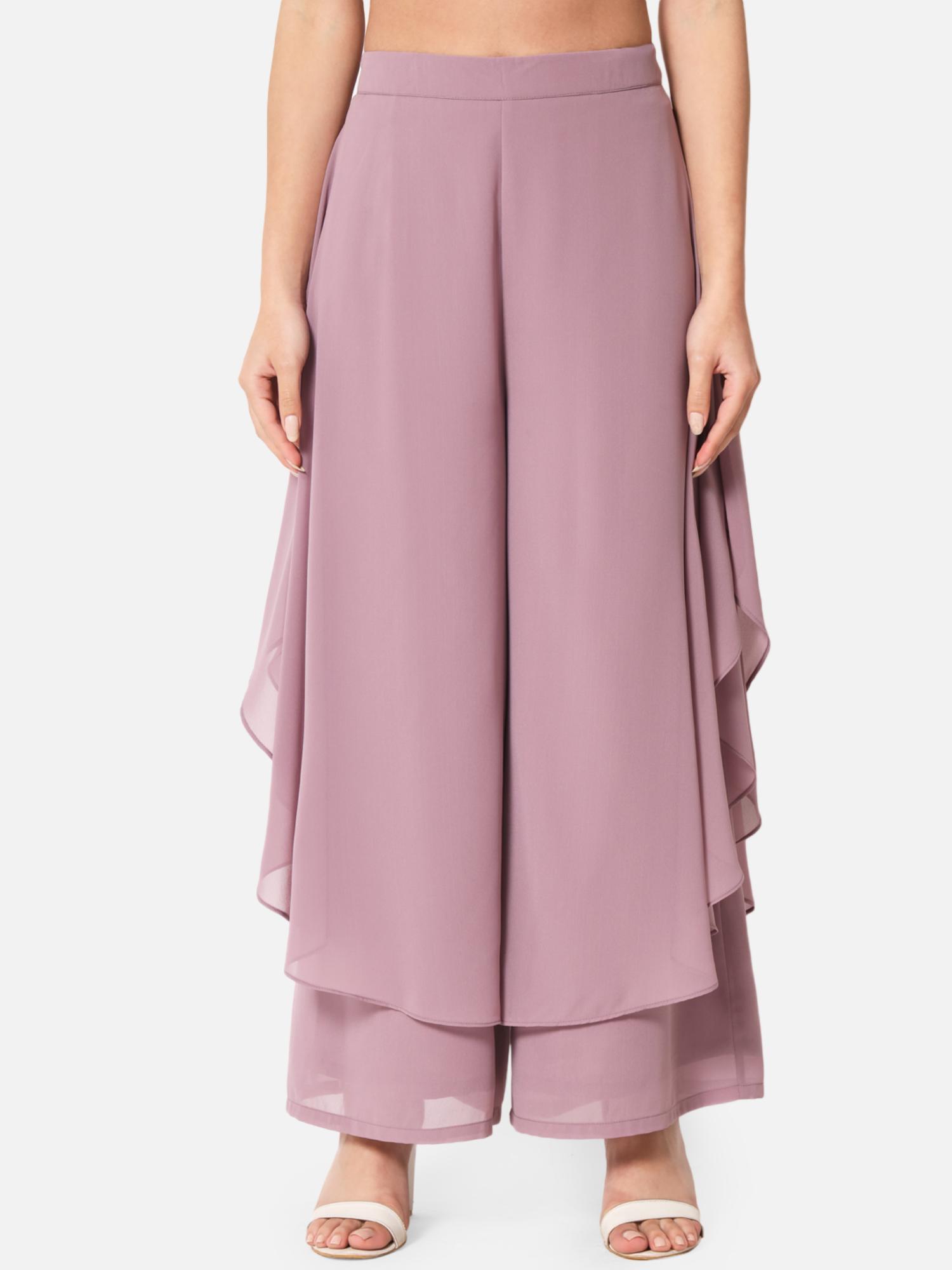 Womens Lavender Solid Poly Georgette Flared Palazzo-image-24